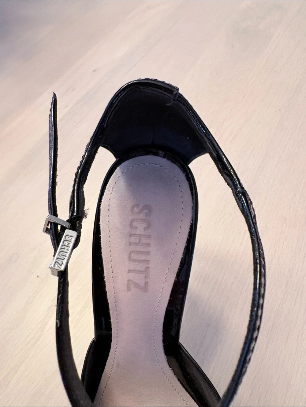 SCHUTZ black patent d’orsay ankle strap pumps